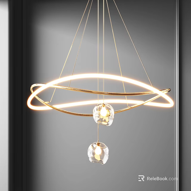 Modern Elegant Gold Chandelier With Circular Illuminated Light Strips And Transparent Spherical Pendants 3d model 