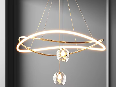 Modern Elegant Gold Chandelier With Circular Illuminated Light Strips And Transparent Spherical Pendants 3d model