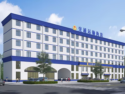 Transportation Law Enforcement Office Building With Blue And White Exterior Trees Vehicles And Pedestrians 3d model