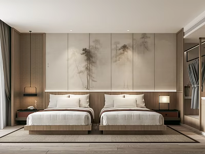 Elegant Chinese Style Hotel Guest Room With Twin Beds Landscape Painting Backdrop And Nightstands 3d model