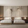 Elegant Chinese Style Hotel Guest Room With Twin Beds Landscape Painting Backdrop And Nightstands