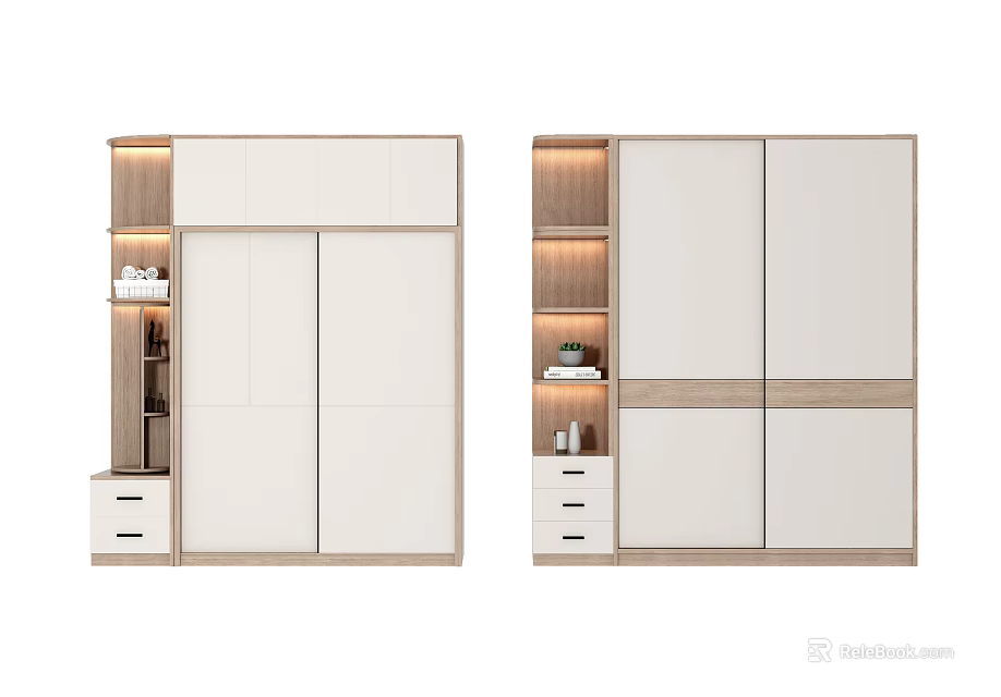 Modern Wardrobe with Sliding Doors Light Wood and White Finish Illuminated Open Shelves and Drawers 3d model 