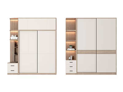 Modern Wardrobe with Sliding Doors Light Wood and White Finish Illuminated Open Shelves and Drawers 3d model