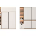 Modern Wardrobe with Sliding Doors Light Wood and White Finish Illuminated Open Shelves and Drawers