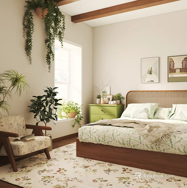 Cozy Bedroom Interior Featuring Green Dresser Patterned Bedspread Wall Paintings And Window Plants 3d model 