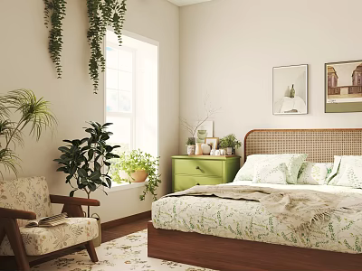Cozy Bedroom Interior Featuring Green Dresser Patterned Bedspread Wall Paintings And Window Plants 3d model