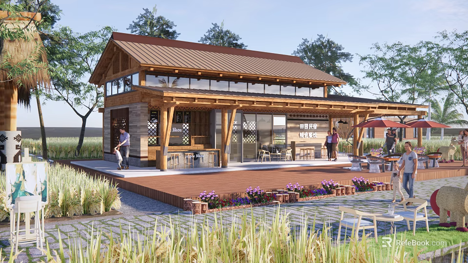 Wooden Guesthouse Building With Sloped Roof Large Windows And Outdoor Terrace Surrounded By Lush Plants 3d model 