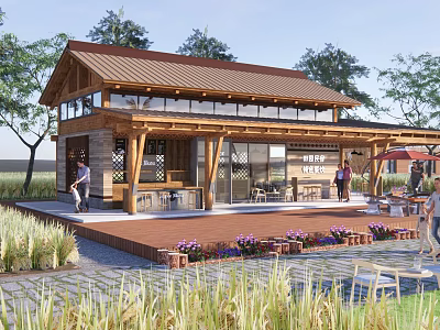 Wooden Guesthouse Building With Sloped Roof Large Windows And Outdoor Terrace Surrounded By Lush Plants 3d model