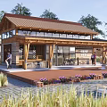 Wooden Guesthouse Building With Sloped Roof Large Windows And Outdoor Terrace Surrounded By Lush Plants