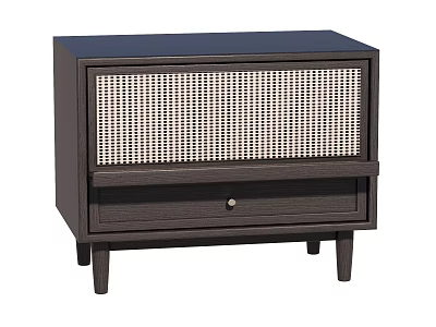 Dark Brown Wooden Bedside Table With Woven Rattan Panel Drawer And Tapered Legs 3d model