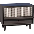 Dark Brown Wooden Bedside Table With Woven Rattan Panel Drawer And Tapered Legs