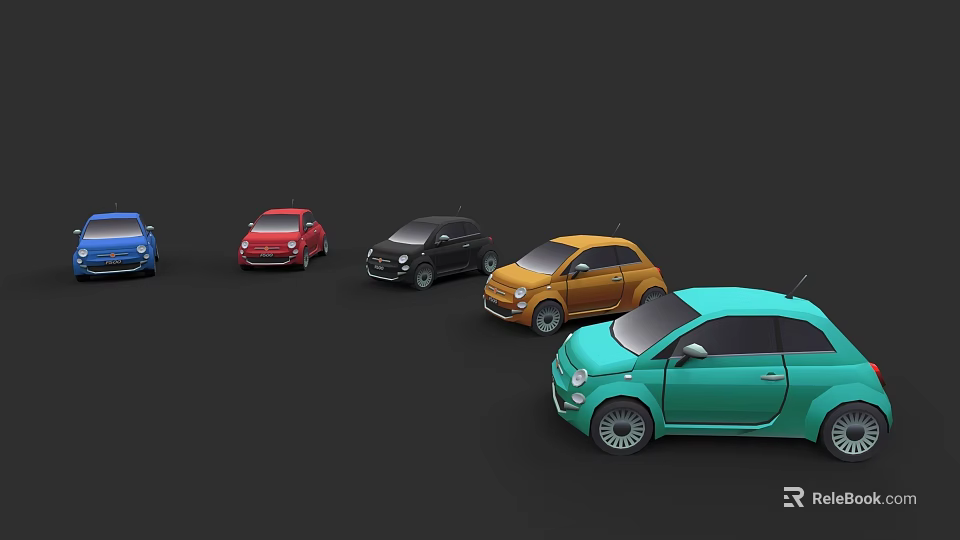 Colorful Small Retro Style Cars in Blue Red Black Orange and Teal 3d model 