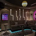 Modern KTV Interior Design With Colorful Lighting Grey Sofas Bar Stools And Wall TV 3d model