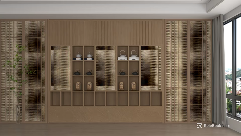Traditional Chinese Style Wooden Storage Cabinet With Bamboo Weave And Tea Sets 3d model 