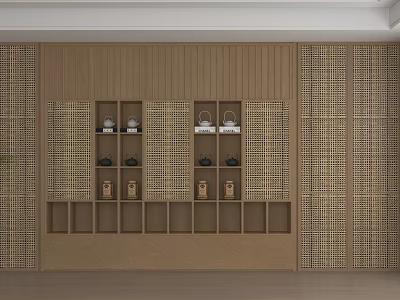 Traditional Chinese Style Wooden Storage Cabinet With Bamboo Weave And Tea Sets 3d model