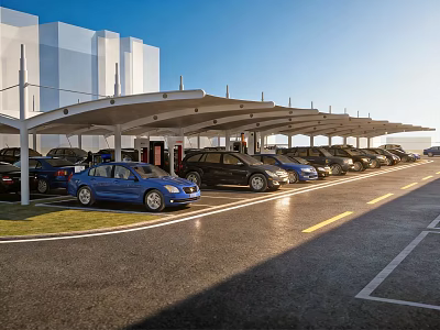 Modern Parking Lot With Canopy Structure Parked Cars And Modern Building 3d model