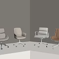 Four Modern Office Chairs White And Brown With Sleek Wheels In Minimalist Setting