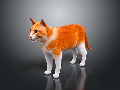 Orange and white cat standing on dark smooth surface with gray background 3d model