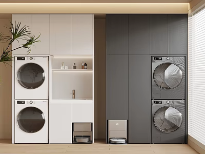Modern Laundry Room Design With White Dark Gray Cabinets And Appliances 3d model