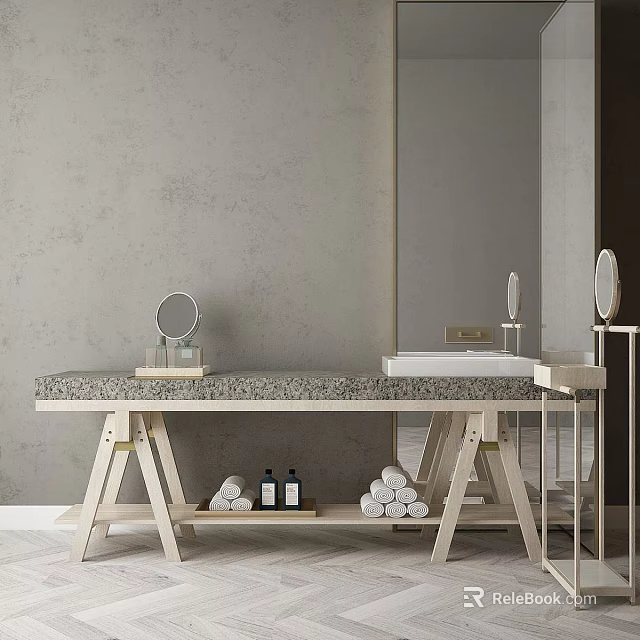 Minimalist Washbasin Design With Gray Wall Marble Countertop Wooden Stand Toiletries And Mirrors 3d model 