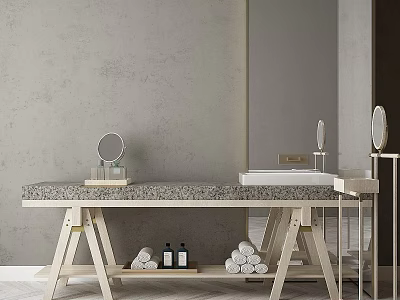 Minimalist Washbasin Design With Gray Wall Marble Countertop Wooden Stand Toiletries And Mirrors 3d model