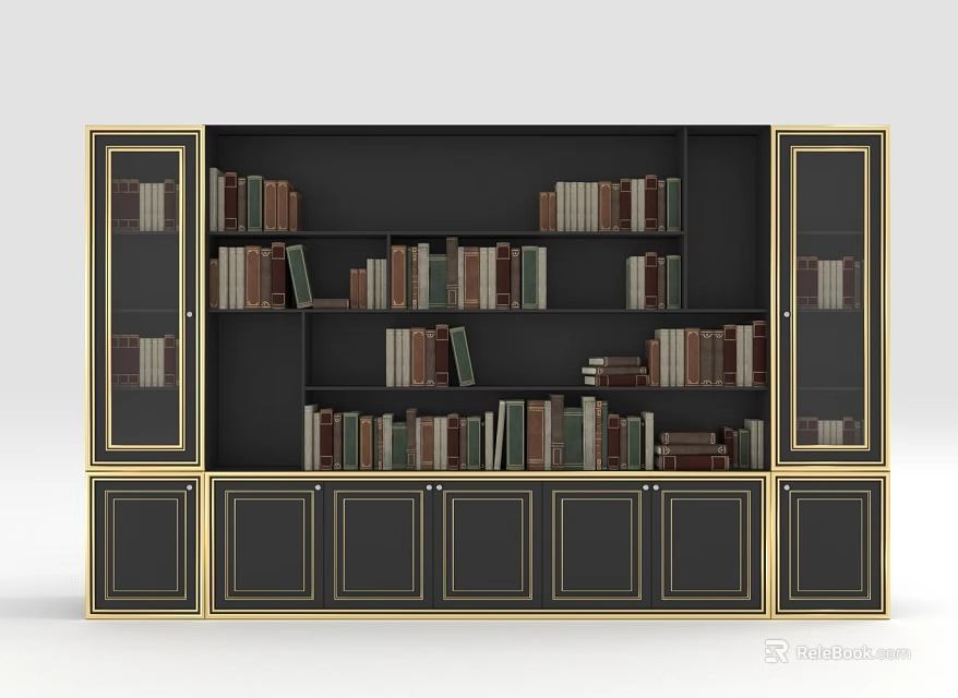 Modern Black Bookcase with Gold Trim Glass Doors and Closed Cabinets Filled with Books 3d model 