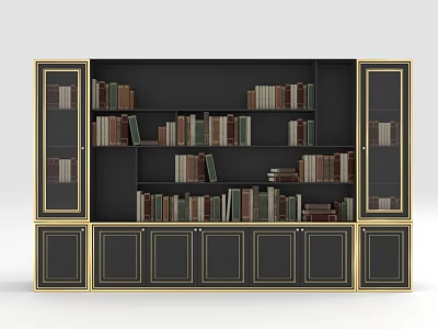 Modern Black Bookcase with Gold Trim Glass Doors and Closed Cabinets Filled with Books 3d model