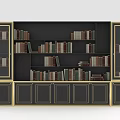 Modern Black Bookcase with Gold Trim Glass Doors and Closed Cabinets Filled with Books