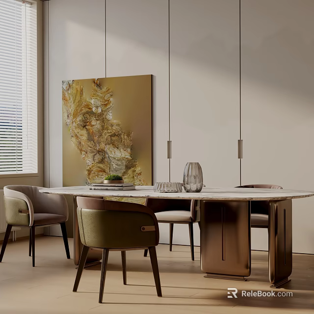 Elegant Modern Dining Table and Chairs with Abstract Painting Wall Decorative Vase and Hanging Lights 3d model 