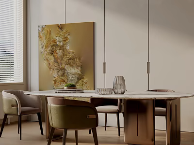 Elegant Modern Dining Table and Chairs with Abstract Painting Wall Decorative Vase and Hanging Lights 3d model