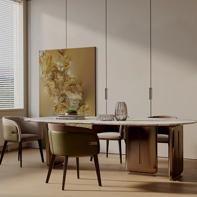 Elegant Modern Dining Table and Chairs with Abstract Painting Wall Decorative Vase and Hanging Lights 3d model