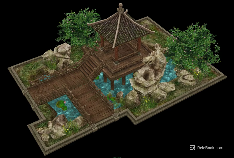 Traditional Chinese Garden Landscape With Wooden Pavilion Stone Pond And Green Trees 3d model 
