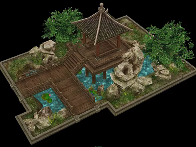 Traditional Chinese Garden Landscape With Wooden Pavilion Stone Pond And Green Trees 3d model