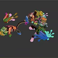 Animated Game Character Scene With Orange Hair Black And Orange Outfits Purple Ink Splashes