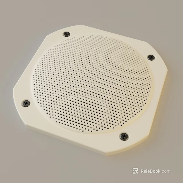 White Audio Speaker With Circular Perforated Grille And Octagonal Frame Fixed By Screws 3d model 