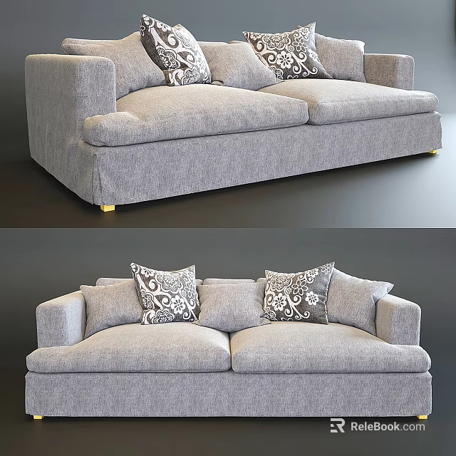 Modern Gray Double Sofa With Patterned Pillows For Comfortable Living Room 3d model