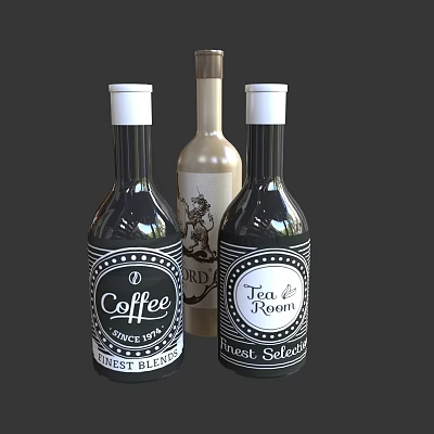 Stylish Wine Bottles With Coffee Tea de Room BARD Labels On Black Beige Glass 3d model