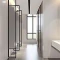 Modern Public Restroom Interior With White Urinals Black Partitions And Decorative Paintings