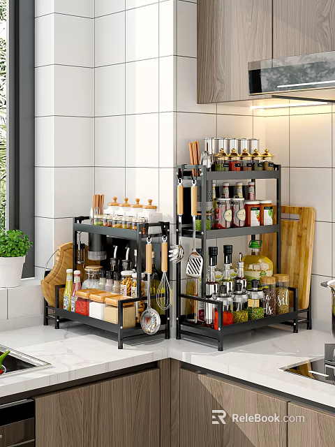 Organized Kitchen Spice Rack With Multiple Condiment Bottles And Cooking Tools Storage 3d model