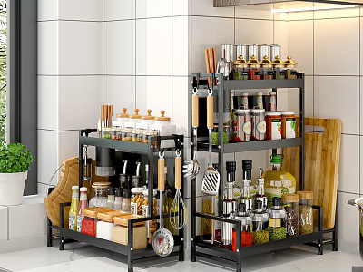 Organized Kitchen Spice Rack With Multiple Condiment Bottles And Cooking Tools Storage 3d model