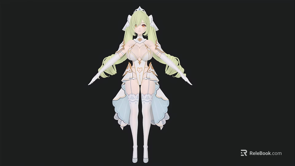 Anime Style Woman With Long Green Hair White Outfit And Light Blue Accents 3d model 