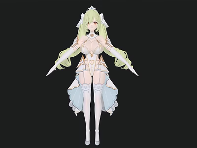 Anime Style Woman With Long Green Hair White Outfit And Light Blue Accents 3d model
