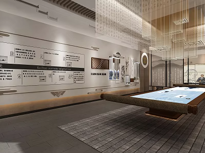 Cultural Center Interior With Traditional Exhibition Walls And Wooden Display Platform 3d model