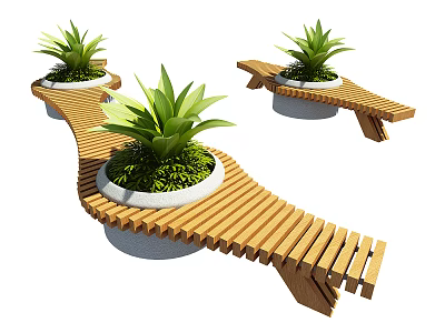 Unique Wooden Outdoor Chairs with Round Plant Pots and Green Plants Unique Design 3d model