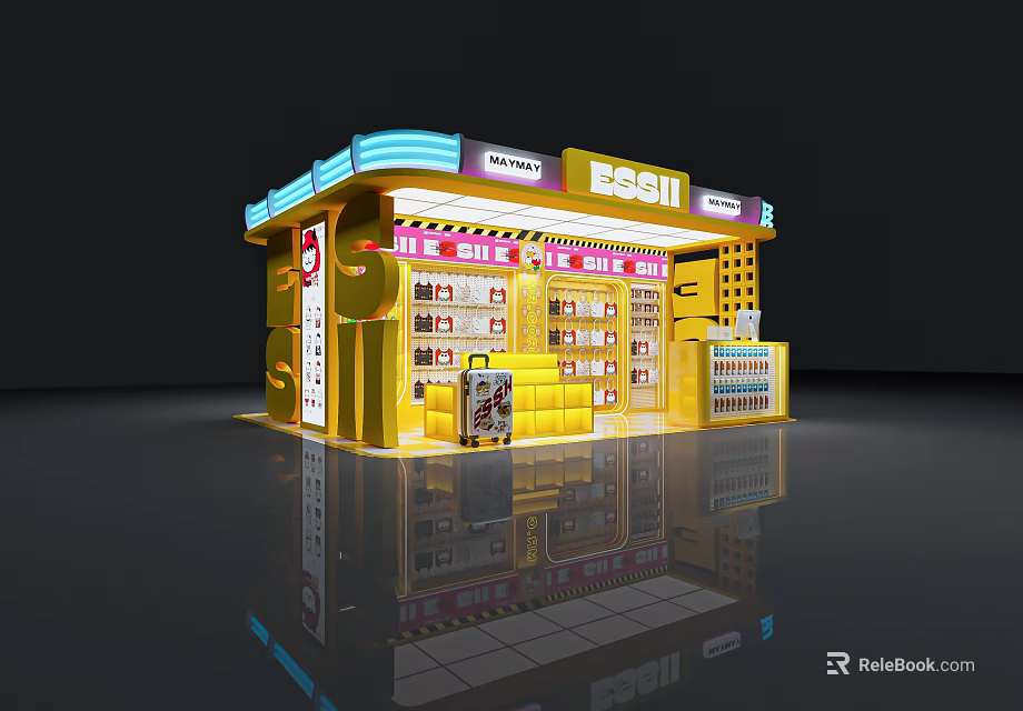 Bright Yellow Modern Creative Brand Specialty Store With Full Product Display And Neon Decorations 3d model 