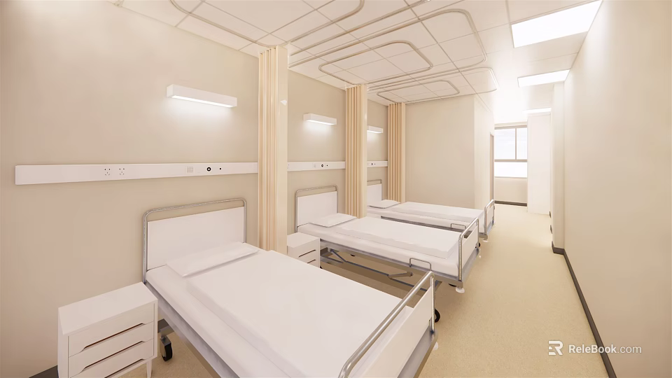 Hospital Outpatient Ward With Beds White Sheets Bedside Tables Light Colored Walls And Ceiling Lights 3d model 