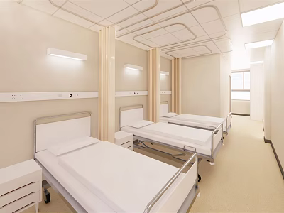 Hospital Outpatient Ward With Beds White Sheets Bedside Tables Light Colored Walls And Ceiling Lights 3d model