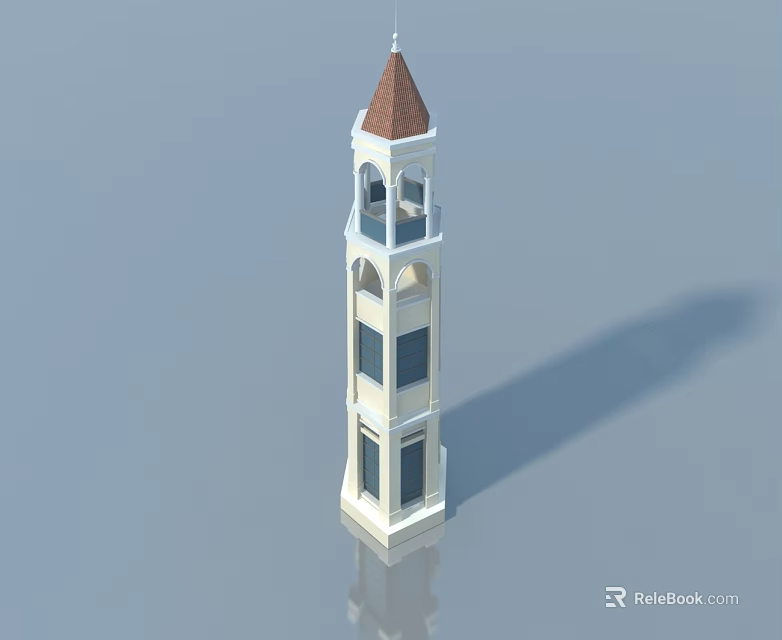 Swing Door Featured In White Tower Structure With Arched Windows And Brown Roof 3d model 