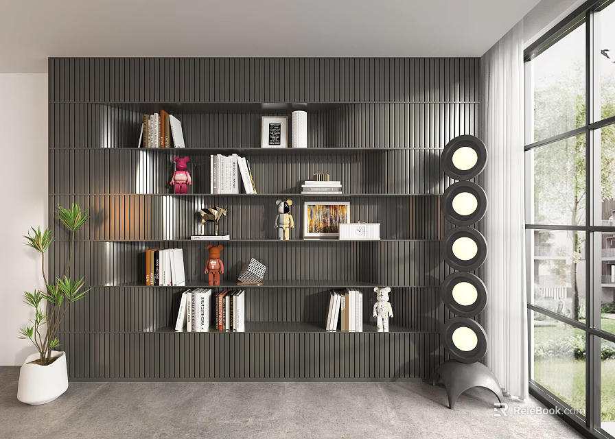Modern Dark Ribbed Wall Mounted Bookshelf Interior With Books Decorative Items And Potted Plant 3d model 