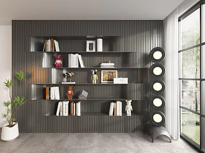 Modern Dark Ribbed Wall Mounted Bookshelf Interior With Books Decorative Items And Potted Plant 3d model